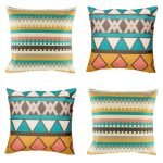 4 cushion cover set with bold yellow, grey and blue colours in geometric patterns