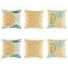 6 cushion cover set with 3 designs in yellow diamond, yellow, dark blue and light green royal swirl and a fern style