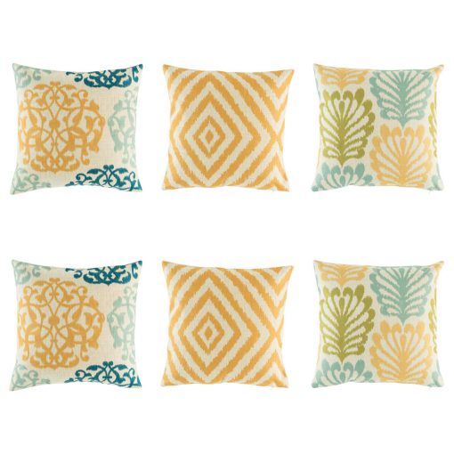 6 cushion cover set with 3 designs in yellow diamond, yellow, dark blue and light green royal swirl and a fern style