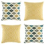 4 cushion cover collection with yellow, dark blue and grey colours in diamond and pixel designs