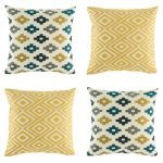 4 cushion cover collection with yellow, dark blue and grey colours in diamond and pixel designs