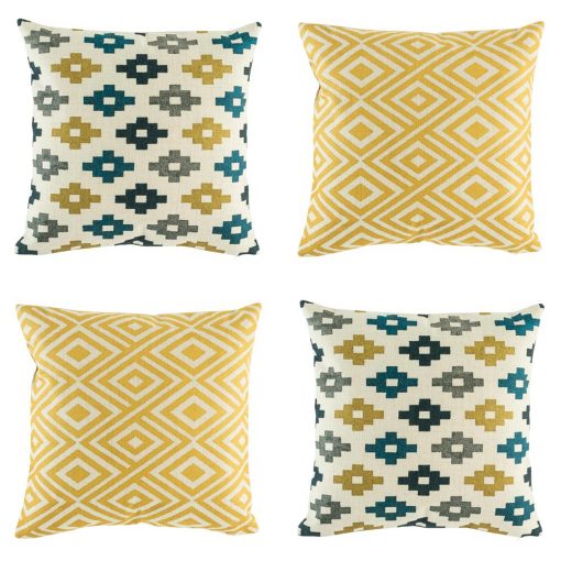 4 cushion cover collection with yellow, dark blue and grey colours in diamond and pixel designs