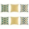 Classy 6 cushion cover set with hexagon blue and yellow cushion, yellow diamond and grey blue and yellow pixel pattern