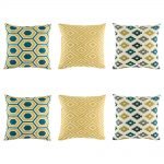 Classy 6 cushion cover set with hexagon blue and yellow cushion, yellow diamond and grey blue and yellow pixel pattern