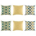 Classy 6 cushion cover set with hexagon blue and yellow cushion, yellow diamond and grey blue and yellow pixel pattern