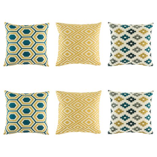 Classy 6 cushion cover set with hexagon blue and yellow cushion, yellow diamond and grey blue and yellow pixel pattern