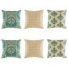 Elegant cushion cover set in teal and natural linen with peacock motif, polka do and royal swirl designs