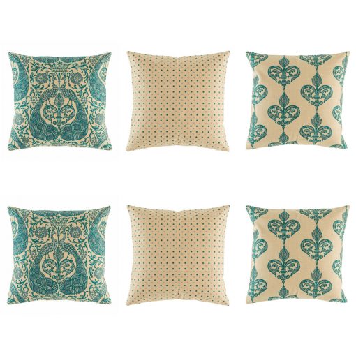 Elegant cushion cover set in teal and natural linen with peacock motif, polka do and royal swirl designs