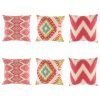 Predominantly pink and red cushion cover set with some light blue and yellow colouring