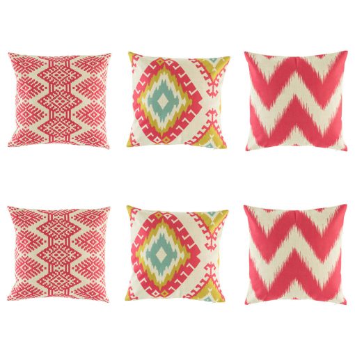 Predominantly pink and red cushion cover set with some light blue and yellow colouring