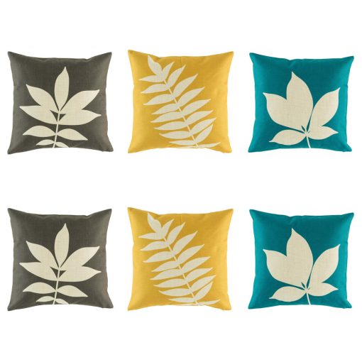 Cushion set featuring 2 brown, 2 yellow and 2 blue cushion covers with leaf motifs