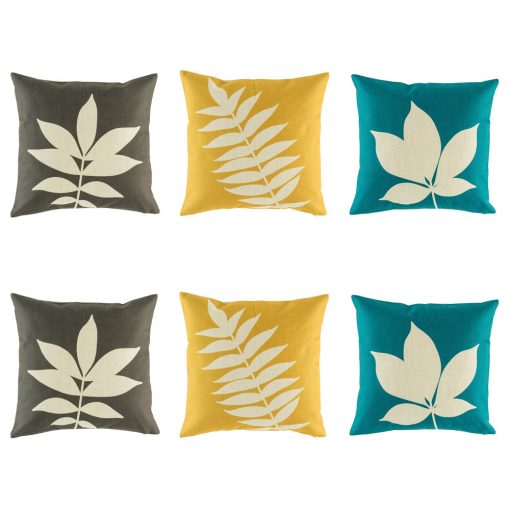 Cushion set featuring 2 brown, 2 yellow and 2 blue cushion covers with leaf motifs
