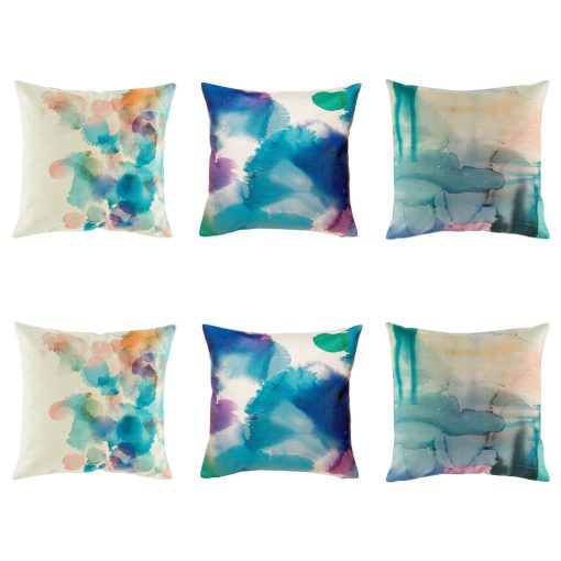 6 cushion cover collection with all featuring water colour patterns in purple, teal and light blue