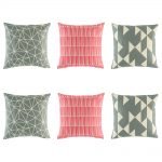 6 cushion cover collection with 2 grey geometric, 2 pink lined and 2 grey triangle styles