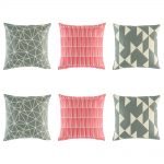 6 cushion cover collection with 2 grey geometric, 2 pink lined and 2 grey triangle styles