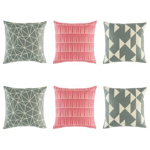 6 cushion cover collection with 2 grey geometric, 2 pink lined and 2 grey triangle styles