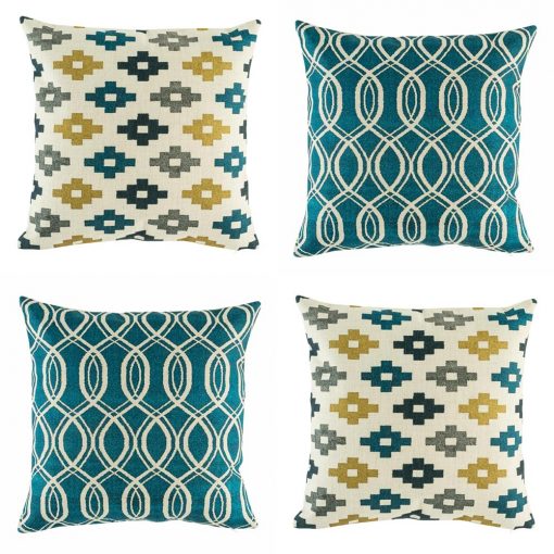 Collection of 4 cushions with blue and yellow pattern