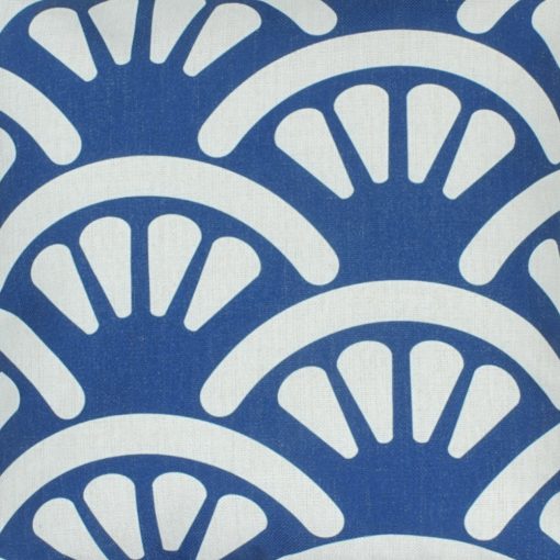 Close up of blue and white fan pattern cotton linen cushion