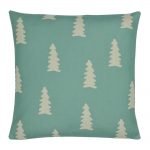 Square teal outdoor cotton linen cushion with pine trees