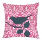 Square outdoor pink cotton linen cushion with bird print