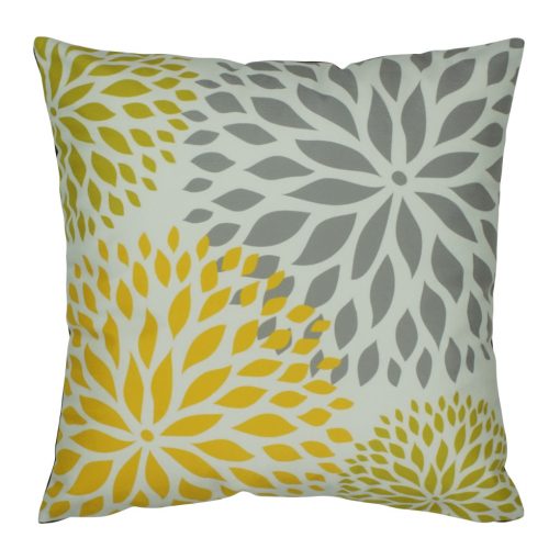 Grey and yellow square velvet cushion with floral pattern