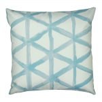 Square velvet cushion with light blue and white triangles pattern