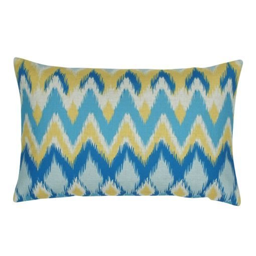 Image of rectangular cushion cover in blue and yellow chevron pattern