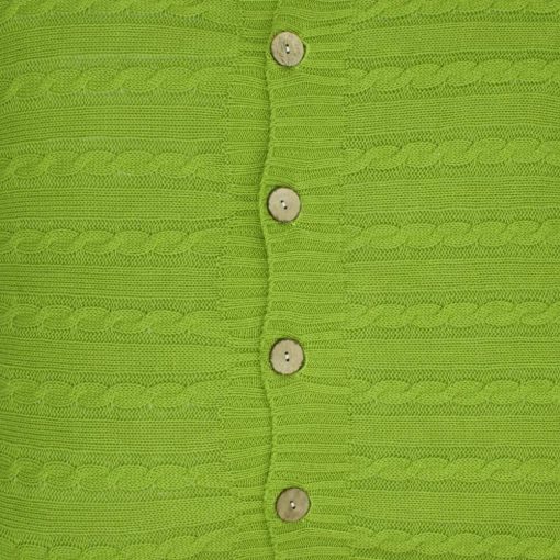 Close-up photo buttoned cable knit cushion cover in olive colour