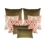 A set of 8 red and brown cushion covers in rectangular and square shapes