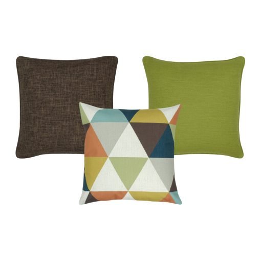 A collection of brown and lime coloured square cushions