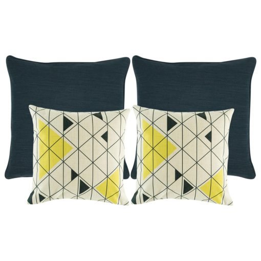A set of 4 square cushions in blue and white colours with triangle patterns