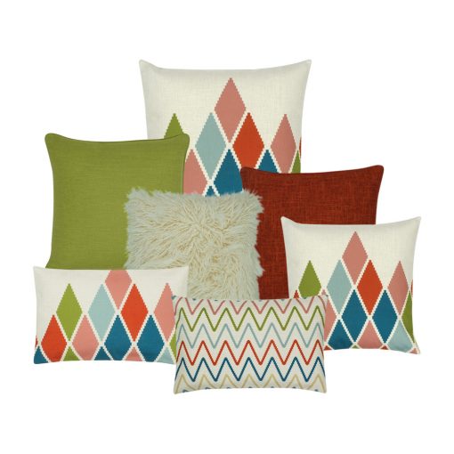 Red and green cushion cover collection of 7 with zigzag and diamond patterns