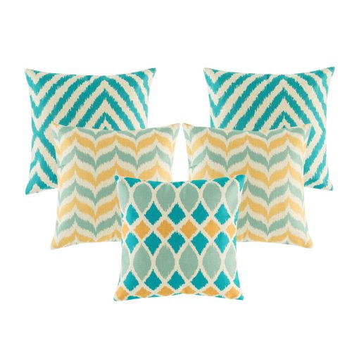 A collection of 5 cushions with teal and gold colours in chevron pattern
