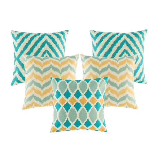 A set of 5 cushions with solid and zigzag patterns. In gold, white and teal colours.