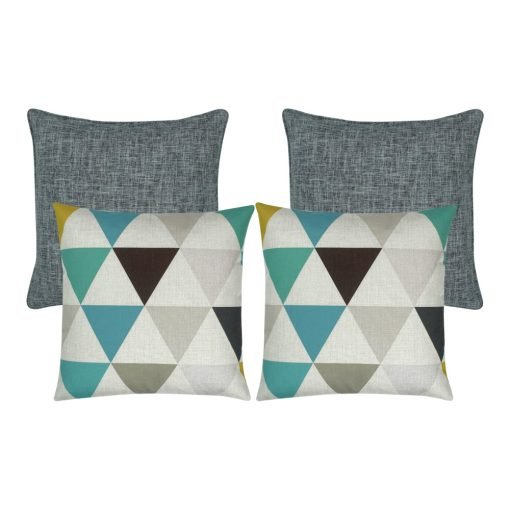 A set of four square cushions in teal and grey colours and triangle patterns
