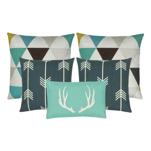 A mix of five cushions in rectangular and square shapes with arrow, moose and triangle designs