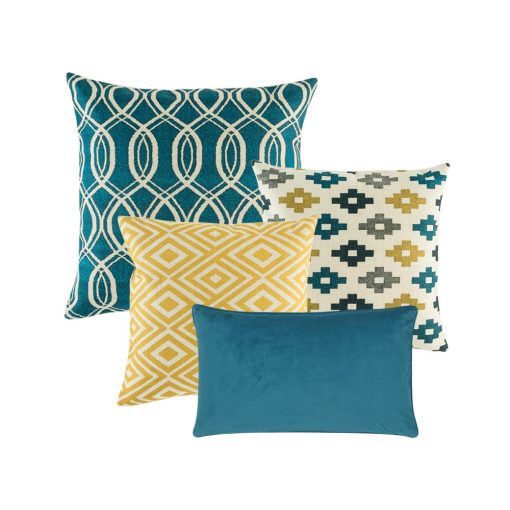 A set of 4 cushions in blue and gold colours