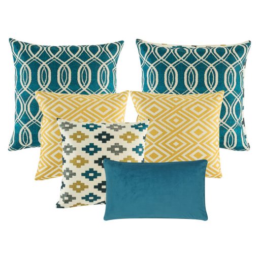 A collection of 6 square and rectangular cushion covers in blue and gold colours and with diamond and spiral patterns