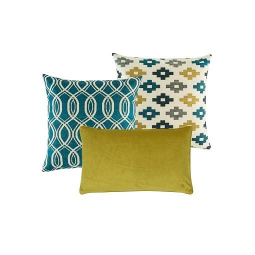 A mix of 3 square and rectangular cushions in blue and yellow olours and with diamond, solid and spiral patterns