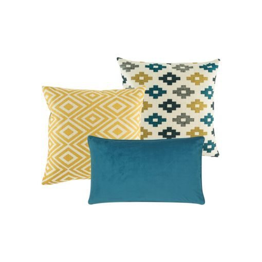 A mix of blue and yellow cushions with solid and diamond patterns