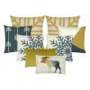 A set of eight gold and blue grey cushion covers in snowflake and moose animal design