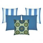 A set of 5 blue-coloured outdoor cushion covers in stripe, solid and moroccan designs