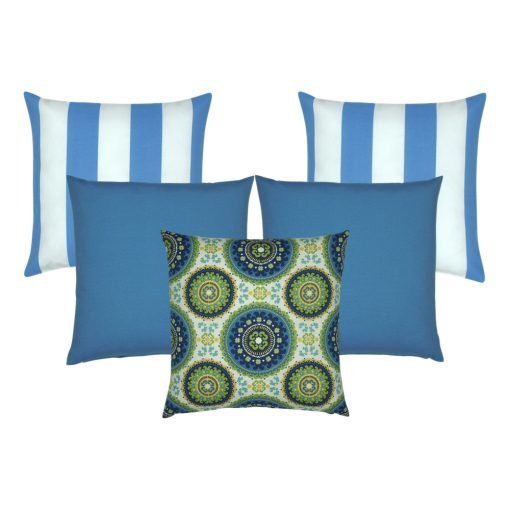 A set of 5 blue-coloured outdoor cushion covers in stripe, solid and moroccan designs