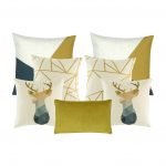 Imageof seven outdoor cushions with linear and moose designs and in blue, gold and white colours