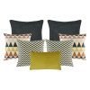 A set of 7 cushion covers with chevron and triangle patterns and in grey and mustard colours