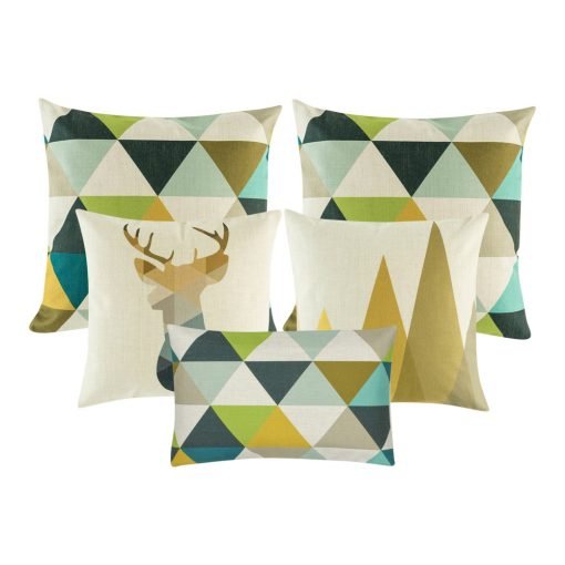 A collection of five colourful cushion covers with triangle and moose designs