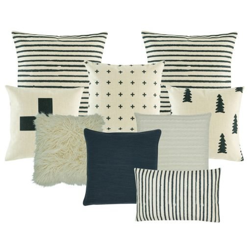 Image of nine cushions with stripes, cross, tree designs