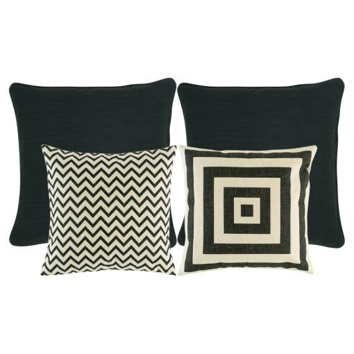 A collection of 4 cushion covers in black, dark grey and white colours