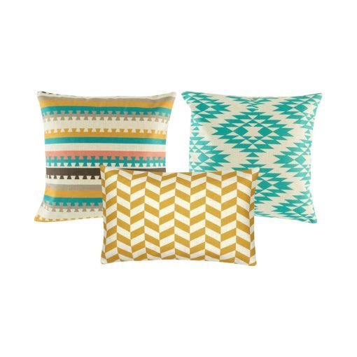 A collection of 3 cushions with geometric designs in blue and gold colours