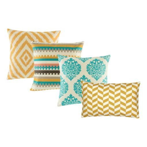 A collection of gold, teal cushion covers in square and rectangular design